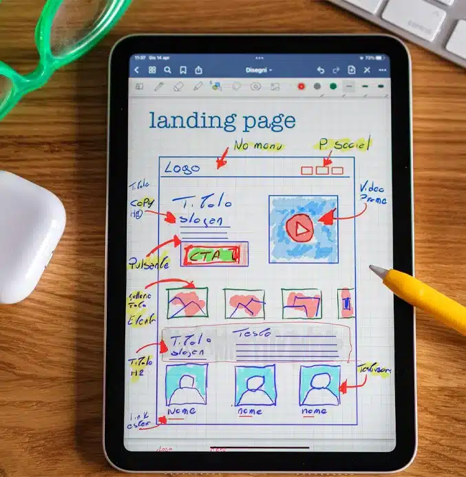 wireframe design of a website on a tablet