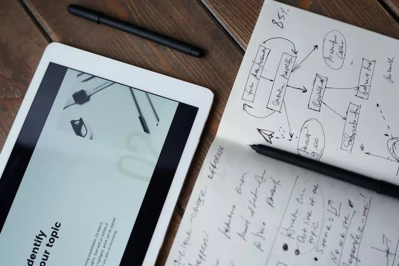 a tablet, next to a notebook with split testing plans written on it